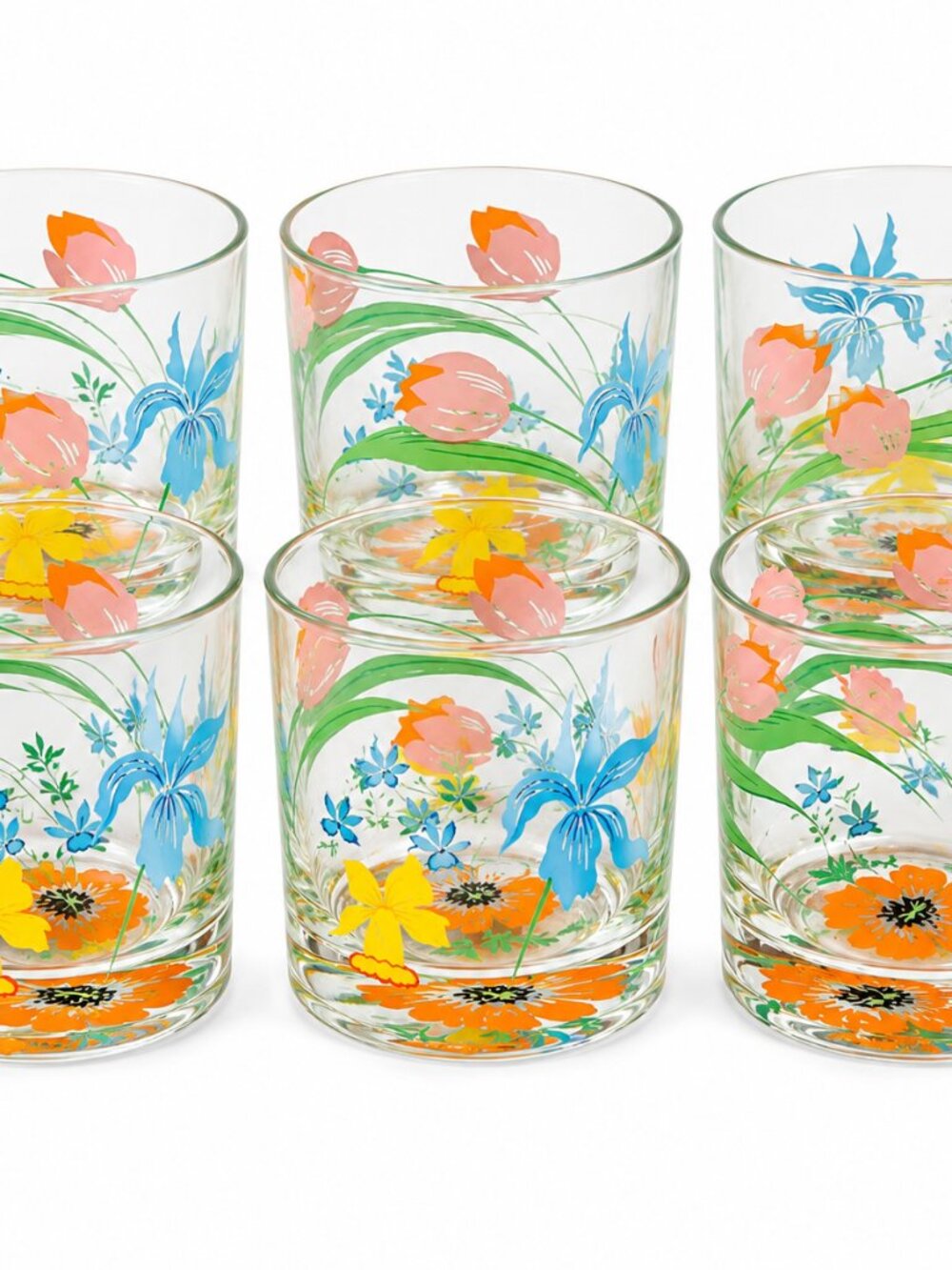 GL-10--Vintage 1950s Primavera Floral Tulip Glass Tumblers Set of 6